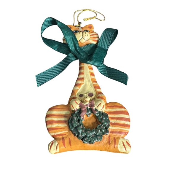 Striped Cat Christmas Ornament With Green Ribbon & Wreath - Picture 9 of 12